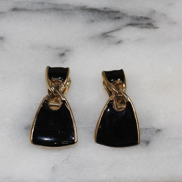 Triangular Black & Gold Clip On Earrings - Picture 3 of 4